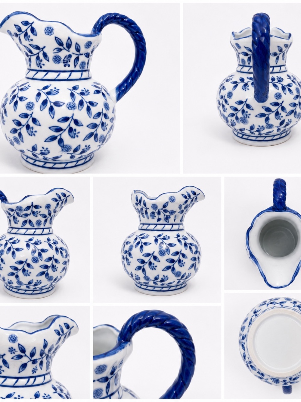 Blue & White Floral Ceramic Pitcher Vase 7.5” - Picture 4 of 4